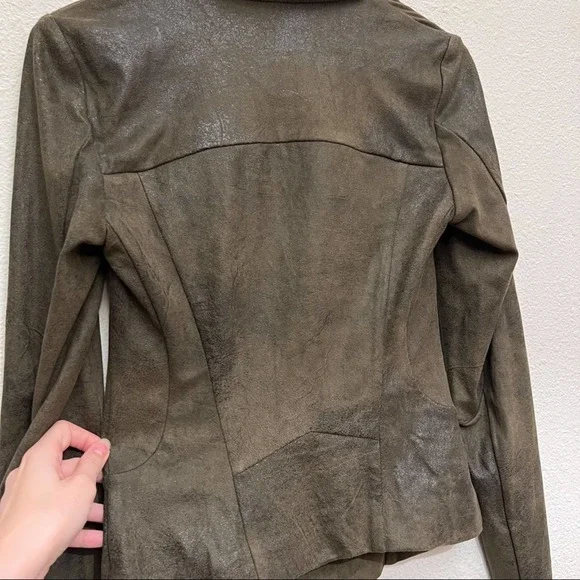 Zara Faux Suede Olive Green Draped Asymmetrical Zip Up Moto Jacket - Picture 6 of 12
